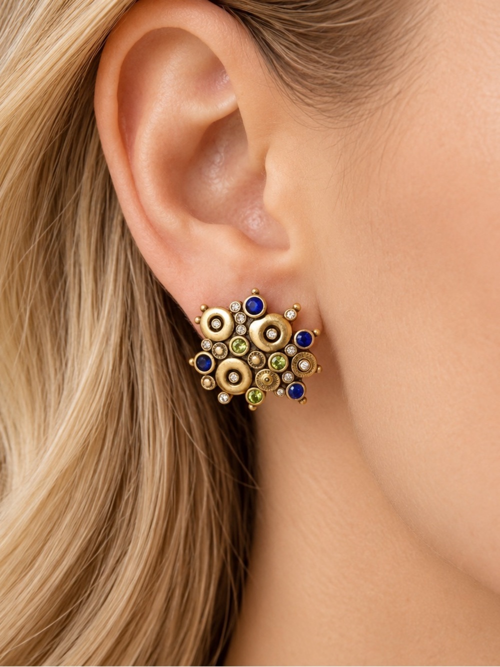 Vintage Italian Gold Tone Statement Earrings  Faux Gemstones Blue Green Crystals
